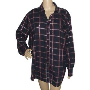 Company One Woman Shirt Plus 1X Navy Blue red Silver Metallic Plaid button-down